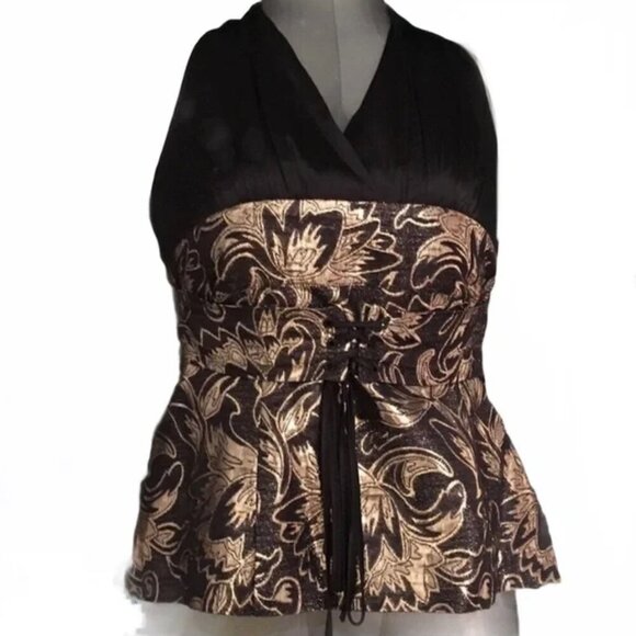 Arden B Tops - ARDEN B. Stunning Gold and Black Silk Halter Top - Size Large